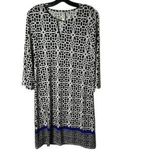 Tacera dress women MEDIUM. Black& white  print , gold accent ,3/4sleeves,keyhole
